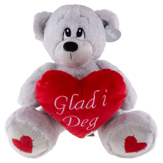 BAMSE GRÅ MED HJERTE SITTENDE 30CM  BAMSE GRÅ MED HJERTE SITTENDE 30CM