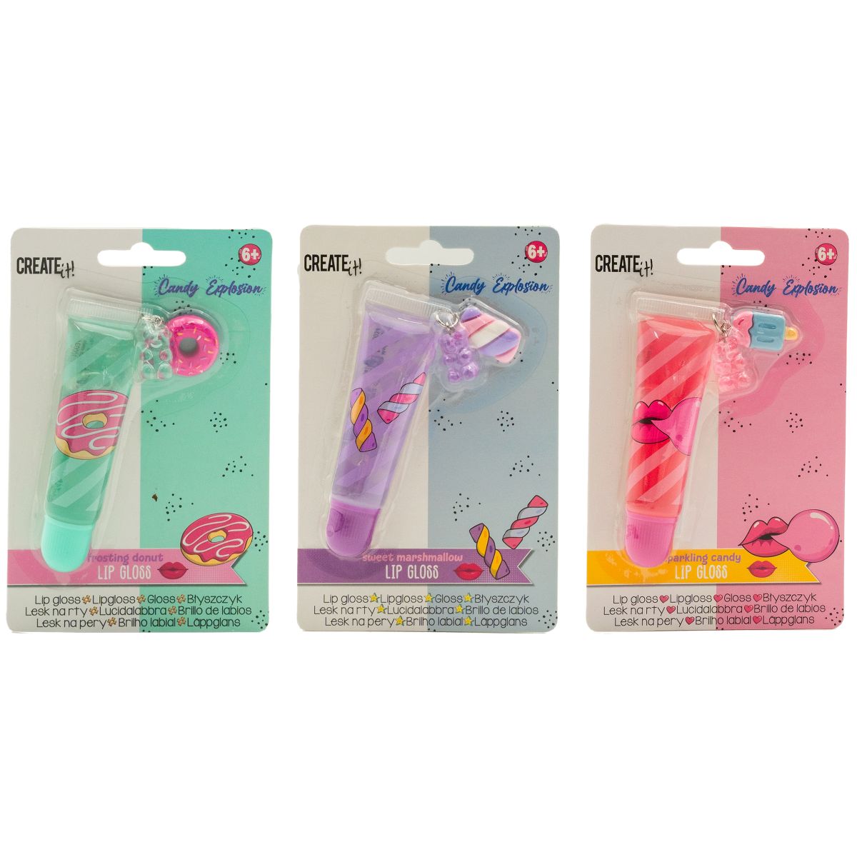 PAKKE (9PK) LIPGLOSS TUBE M CHARMS CANDY EXPLOSION 3ASS CREATE IT!***