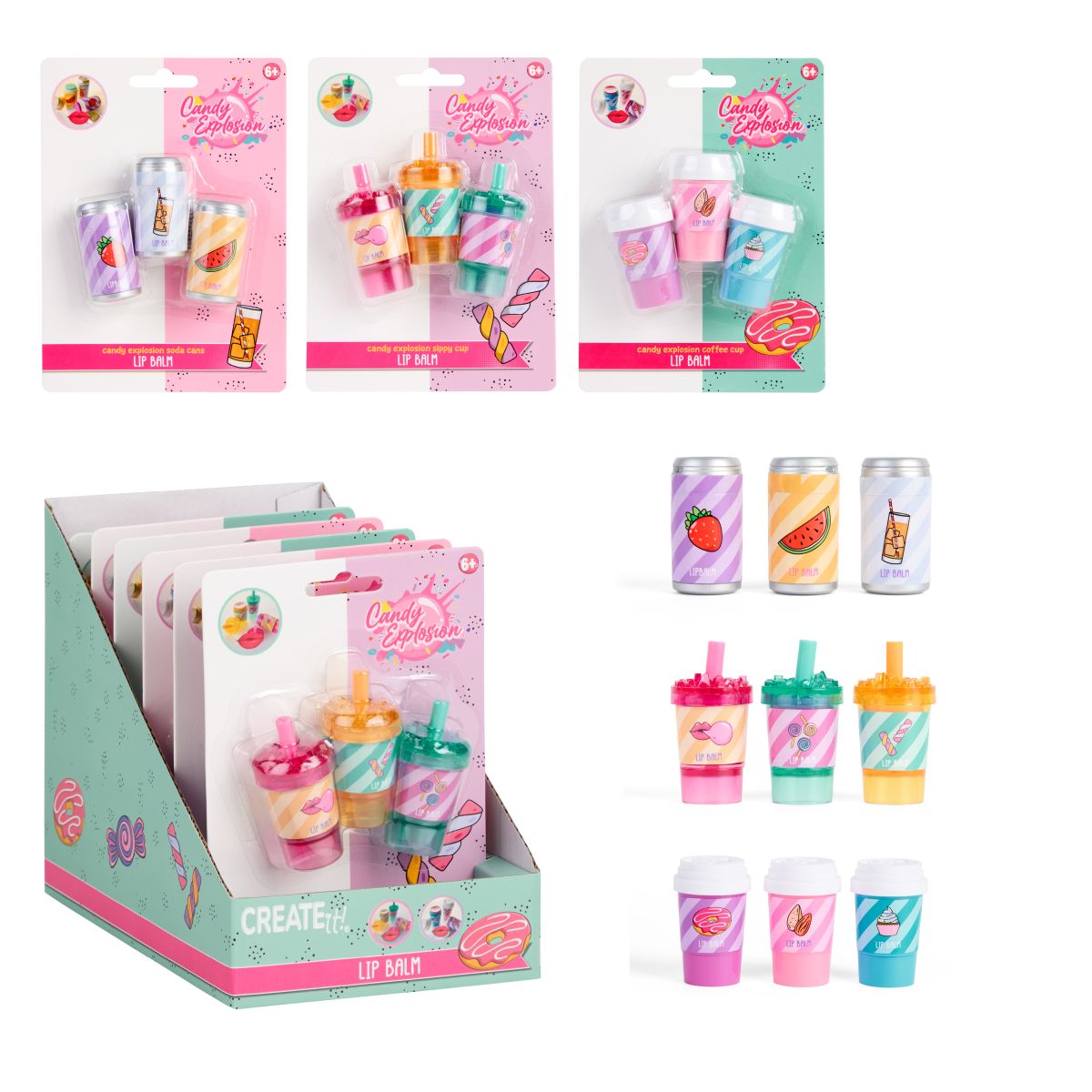 PAKKE (6PK) LIPBALM CANS/CUPS CANDY EXPLOSION  3ASS CREATE IT!***